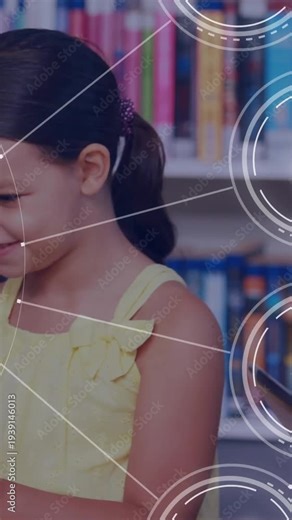 Girl turning to device appearing near shelf, smiling as AR book, chart icons aligning for learning