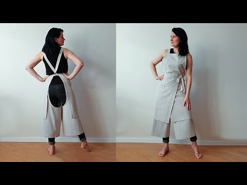 Pottery Apron with pants, Sewing tutorial, Cross back pinafore split leg. KIAN