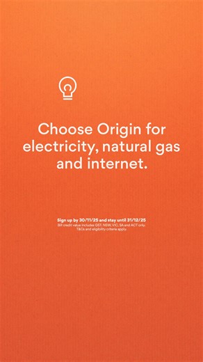 1.3K views | Find out how you could get $100 in bill credit for electricity, natural gas or internet. Or bundle them all for up to $300 in bill credit. Sign up by 30/11/25 and stay until 31/12/25. Bill credit value includes GST. NSW, VIC, SA and ACT only. T&Cs and eligibility criteria apply. | Origin Energy | Facebook