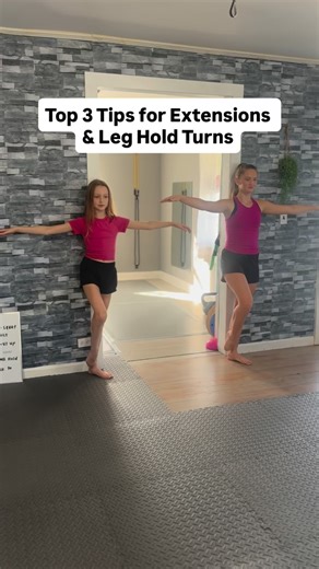 Top tips for working extensions and leg hold turns🌟 🩵 Begin with a turn led out supporting leg. When drilling these specific leg holds we like to start in a funky 3rd position- turned out supporting leg and parallel lifting leg. 🩵Draw up the supporting leg and lift the knee as high as possible BEFORE grabbing the foot/ankle. This strengthens the hip flexor. 🩵Think about pulling the toe directly above your head (think tie right above your center part). A few other tips: 🚪 Use a door frame to