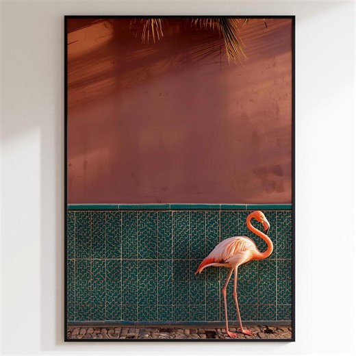 Coral Pink Flamingo Art Print: Teal Tile Decor (digital Download) - Etsy