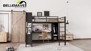 Queen Loft Bed Frame with Wardrobe and Storage Cubes, Queen Size Loft Bed with Desk and Storage Shelf, Heavy Duty Loft Beds with Guardrail, Noise Free Design, Adult Loft Bed Frame, Black