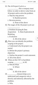 9:05"叫 喍 46 . .ll15. The AI Project Cycle is a  that a compan... | Filo