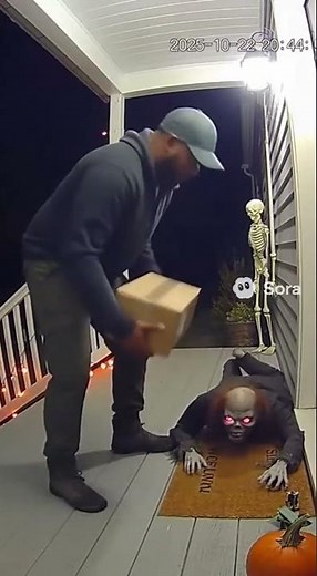 Porch Cam Captures Delivery Man Jump as Crawling Zombie Animatronic Moves 😱🧟‍♂️