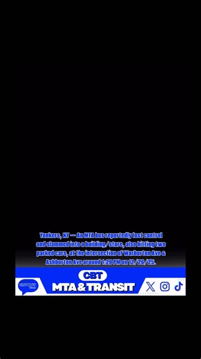 Yonkers, NY — An MTA bus reportedly lost control and slammed into a building/store, also hitting two parked cars, at the intersection of Warburton Ave & Ashburton Ave around 1:20 PM on 12/26/25. YPD, YFD, and Empress EMS responded. The driver was shaken up but OK, and it was reported that no one was inside the store at the time. Fire officials were checking whether the building’s structure was compromised. #Yonkers #MTA #HudsonValley #NYCNews #BreakingNews Video credit @yonkers_voice | Gomez V O