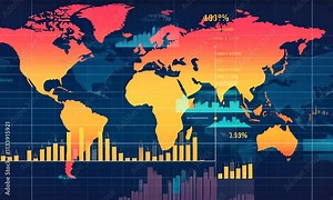 A colorful world map showcasing data and statistics through vibrant graphics and charts.