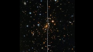 336K views · 10K reactions |  Strange music is created when the stars, compact galaxies and sprawling spiral galaxies in a deep space image are translated into different frequencies.  Watch and listen to a new visualization and sonification of a NASA's Hubble Space Telescope image: https://go.nasa.gov/2TrIrwH | NASA - National Aeronautics and Space Administration | Facebook
