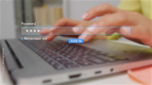 A woman types on a computer and enters her password in a website sign-in form. She shows the process of logging into an online account on her device.