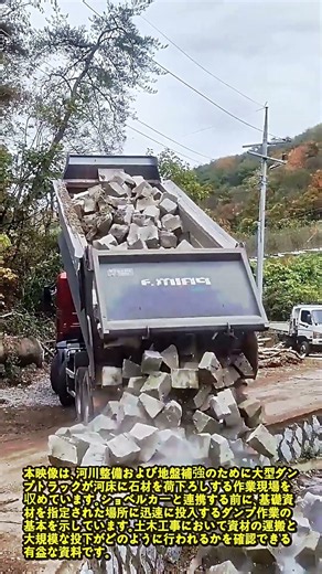大型ダンプトラックによる河川堤防の石材荷下ろし作業 #works #dumptruck #construction #heavyequipment #stonework