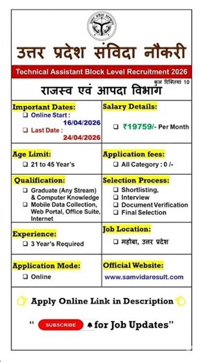 UP Sewayojan Technical Assistant Recruitment 2026 Mahoba | Samvida Naukari Online Form 2026 #Shorts