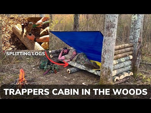 Solo Overnight Building a Trappers Cabin from The Landscape and Turkey Dinner