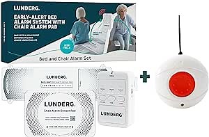 Lunderg Bed Alarm & Chair Alarm System with Call Button - Wireless Early-Alert Bed Sensor Pad, Chair Sensor Pad & Pager - Full Caregiver Set