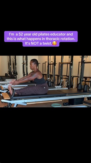 Most people twist by letting their hips   lumbar spine do the work, which is why it feels easy and why it’s wrong. True thoracic rotation happens higher: ✔️ Movement starts from the ribs   mid-back ✔️ Pelvis stays quiet ✔️ Shoulder girdle glides, not yanks Where to feel it: ✨ A deep, spiraling opening behind the ribs, around bra line level; not in your low back, not in your hips. If you feel your pelvis shifting or your lumbar compressing? You’re twisting, not rotating. As you can see, I’m fairl