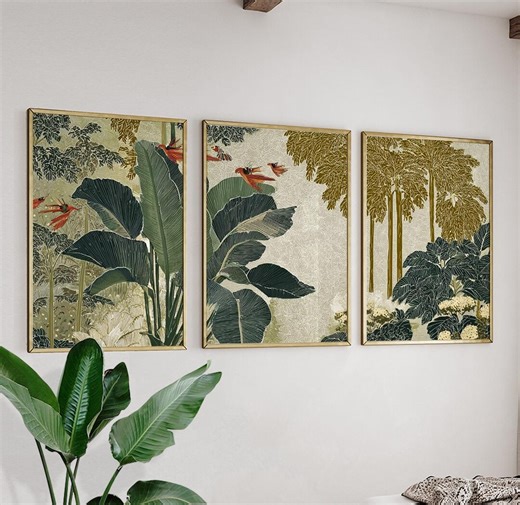 Tropical Jungle Bird Poster Set | Palm Leaf Botanical Wall Art Triptych | Vintage Botanical Decor - Etsy