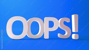 OOPS Text Animation. Word oops in 3d text. Design text element for game, branding. Flying object. Bright dynamic animation on simple background.