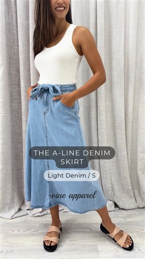 41K views · 238 reactions | The A-Line Denim Skirt - we LOVE this skirt! This style can be tricky to pull off, so we’ve done the hard yards for you and found the perfect one. A great, flattering shape, a good length, and functional pockets – win! x x Shop HERE: vineapparel.com/collections/skirts/products/the-a-line-denim-skirt | Vine Apparel | Facebook