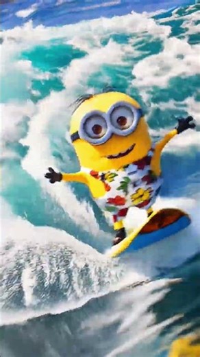 A Minion wearing a swimsuit is surfing on huge waves #shorts #minion