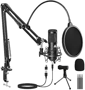 Audio Array AM-C1 USB Condenser Microphone Kit | for Podcasting, Online Meeting, Gaming, Singing & Live Streaming | Boom Arm, Pop Filter, Mic Cover, Spider Shock Mount, Tripod & 2.5M USB Cable