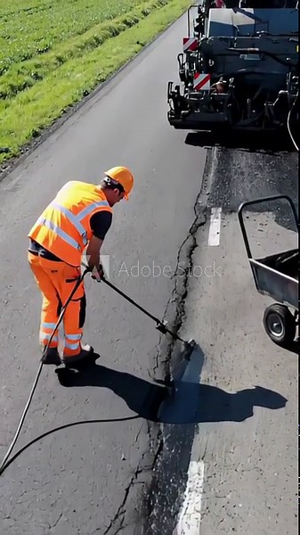Construction worker wearing high visibility clothing using a sprayer tool to apply hot bitumen for repairing cracks on an asphalt road