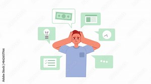 Overwhelmed by freelance tasks 2D animation. Overload with telework notifications 4K video motion graphic. Freelancer problem. Multitasking chaos animated cartoon flat concept, white background