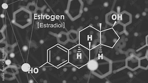 Chemical molecular formula hormone estrogen. Infographics animation. Connected lines with dots background.