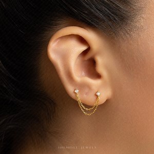 Double Piercing Chain Stud, Earring, Minimalist Style, A-SS1333 - Etsy