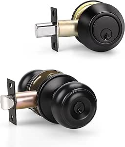 KNOBWELL 1 Pack Keyed Alike Door Knob and Double Cylinder Deadbolt Set, Exterior Door Lock Set with Deadbolt, Double Keyed Deadbolt, Black Front Door Knob and Deadbolt