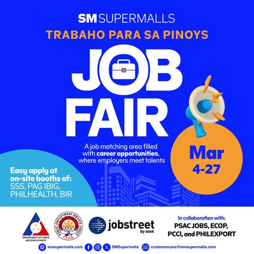 ✨ Ready to take the next step in your career? ✨ The #SMJobFair is here this March at your most-loved SM malls nationwide! From fresh grads to seasoned pros, exciting opportunities are waiting for you. 💼 💙 Check the pinned comment below for the complete list of participating malls! Don’t miss your chance to max out your shot to land the right job! See you at the #SMJobFair! #AllForYou #SMChangemakers | SM Supermalls
