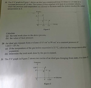 19 The P-V graph in Figure 1 shows an ideal gas compressed from... | Filo