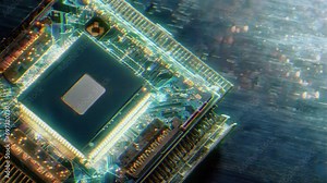 A computer processor with millions of connections and signals. Technology cpu background. Pulses and signals from the chip propagate through the motherboard.