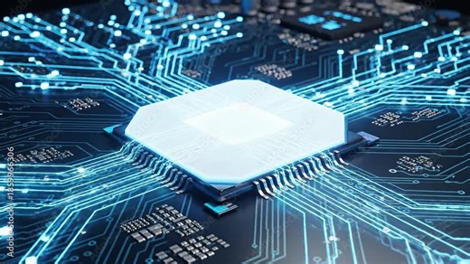 Futuristic microchip processing data on a complex circuit board illustrating advanced artificial intelligence machine learning and highspeed digital communication within a powerful computer system sy.