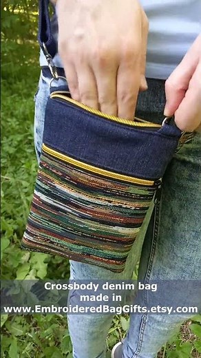 Handmade denim crossbody bag, Tapestry cell phone bag with zipper, Cross body jeans purse
