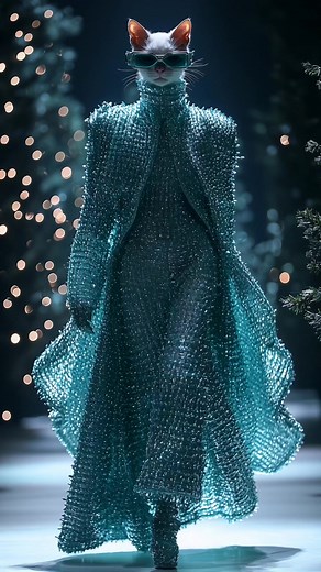 Futuristic Christmas Catwalk Featuring Stylish Cats