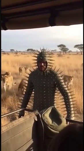 Cactus Man” calmly walking through the savanna as lions swarm, leap, and attack from all sides