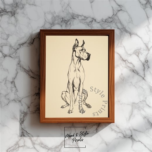 Dane Art Print - Black Ink Line Drawing, Minimalist Pet Portrait (digital Download) - Etsy