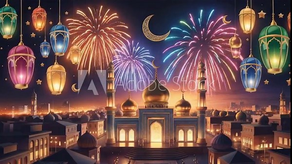 Elegant Eid Mubarak Animation with Crescent Moon, Mosque and Magical Lights