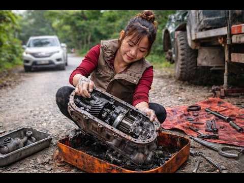 Talented girl:repairing a heavy duty truck with a broken gearbox while transporting goods on the roa