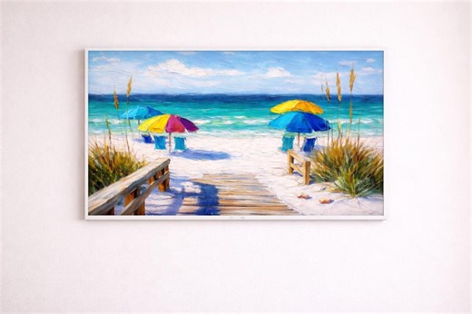 Coastal Wall Art, Destin Beach Scene, Colorful Umbrella Ocean View, Vibrant Summer Seascape, Relaxed Beach House Decor, Samsung Frame TV Art - Etsy