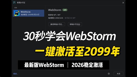 30秒学会一键激活WebStorm至2099年|最新版WebStorm激活2026|稳定激活