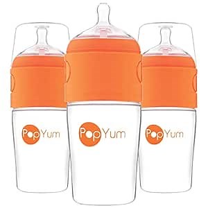 PopYum 9 oz Orange Anti-Colic Formula Making/Mixing/Dispenser Baby Bottles, 3-Pack with #2 Medium Flow Nipples, 260 ml, BPA-Free, Natural Latch