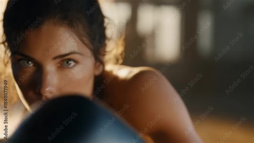 Close-up of a determined woman wearing boxing gloves, leaning forward in a boxing stance, focused on the camera in a gym.