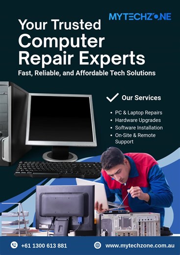 At MYTECHZONE, we deliver fast, reliable, and affordable computer repair solutions to keep your tech running smoothly! ⚙️🚀 🔧 Services: ✔️ Hardware & Software Repairs ✔️ Virus Removal ✔️ Data Recovery ✔️ System Upgrades ✔️ Custom-Built PCs ✔️ Remote Support Available 💰 Quality service at budget-friendly prices. 🚨 Don’t let tech issues slow you down — we’re here to help! 📞 61 1300 613 881 🌐 www.mytechzone.com.au 👉 Follow us for more updates! #ComputerRepair #TechSupport #MelbourneTech #Lapt
