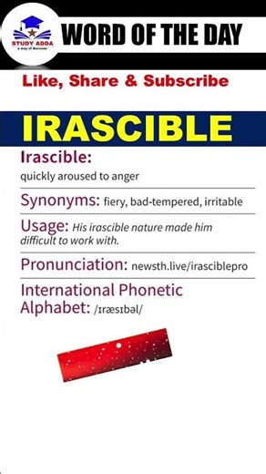 Irascible :🔥Word of the Day #studyadda #motivation #english