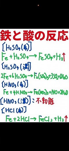 鉄と酸の反応 全種類、希硫酸、濃硫酸、希硝酸、濃硝酸、希塩酸