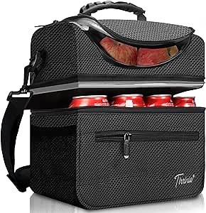 Tirrinia Extra Large Lunch Bag - 13L/ 22 Can, Insulated & Leakproof Adult Reusable Meal Prep Bento Box Cooler Tote for Men & Women with Dual Compartment, Black