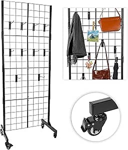 Grid Wall Panel Display Stand 2' x 5.5' Ft - Heavy, Movable 4-Layer Gridwall with T-Base Stand & Caster Wheel for Easy Transport - Ideal for Retail, Craft Shows, Home & Vendor Event, Black