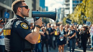 Download A police officer with a megaphone is standing in front of a crowd for free