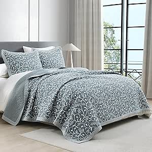 Amazon.com: FineStichery 100% Cotton Queen Quilt Set, Quilted Bedspreads with Pillow Shams, Farmhouse Botanical Vine Pattern, Lightweight Soft Comforters Bedding Set, 3 Piece, Grayish Blue/White : Home & Kitchen