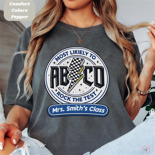 Retro Most Likely to Rock the Test ABCD Custom Comfort Colors Tshirt, Trendy Teacher Name Exam Shirt, Lightening Bolt Grade, School Spirit - Etsy