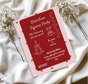 Modèle d'invitation de soirée pyjama pour filles Galentine rose et rouge pour la Saint-Valentin, invitation à une soirée pyjama - Etsy France